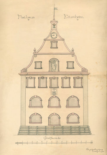 Abb.: Plan der Rathausfassade von Franz Schwarz aus dem Jahre 1891 mit Bischof Etto. Repro: Wolfgang Hoffmann.