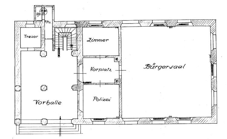 Plan des Erdgeschosses mit der 1857 errichteten Vorhalle und dem neuen Bürgersaal mit den beiden Vorzimmern von 1901.