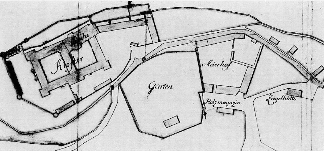 Lageplan Ettenheimmünsters um 1803. Kolorierte Federzeichnung in der Bauplänesammlung des GLA.