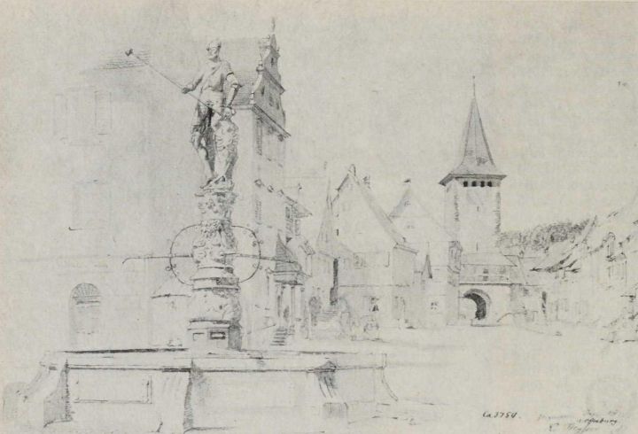 Gengenbach - Markt mit Brunnen und Haigeracher Tor - Zeichnung von Karl Weysser, 1869 (Archiv StAfD Karlsruhe)