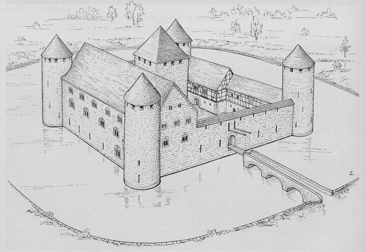 Tiefburg Lahr um 1240. Blick von Nordosten. Im Vordergrund der "Storchenturm" - Zeichnung Karl List