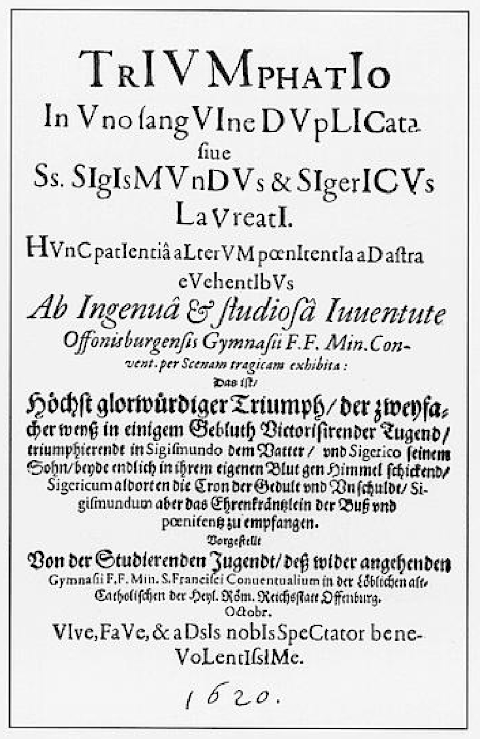 Abb. 9: Theaterzettel mit Titel der Offenburger Herbstkomödie von 1675 (Reproduktion)