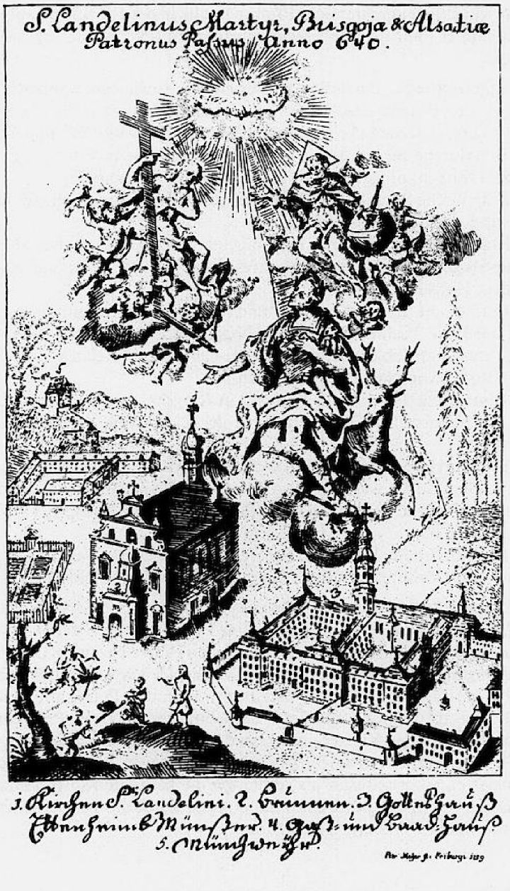 Ettenheimmünster und St. Landelin um die Mitte des 18. Jahrhunderts. Kupferstich von Petrus Meyer, Freiburg, aus dem Jahr 1759 - vermutlich als Wallfahrtszettel unter die Leute gebracht. Im Pfarrarchiv Ettenheimmünster.