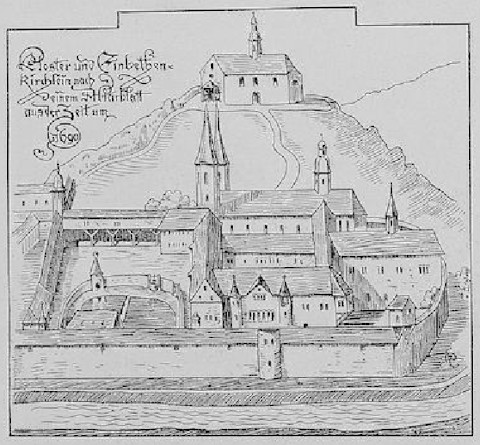 Alte Ansicht des Klosters samt der Einbethkapelle auf einem ehemaligen Altarblatt dieser Kapelle ca. 1690 (Abb. in Schauinsl. 20, S. 17) und auf einem Ölgemälde in Privatbesitz