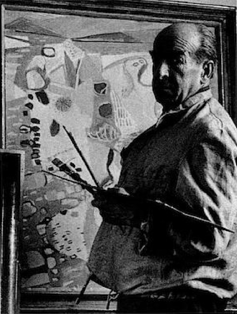 Otto Laible vor seine Ölgemälde "Am Meeresstrand Eckernförde" von 1952