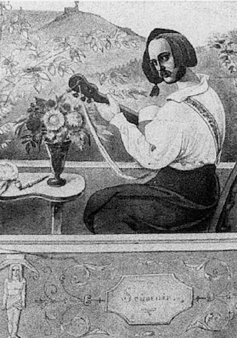 Selbstporträt von Carl Sandhaas in der Heil- und Pflegeanstalt Illenau. Im Hintergrund sieht man das Brigittenschloss - Aquarell 1844