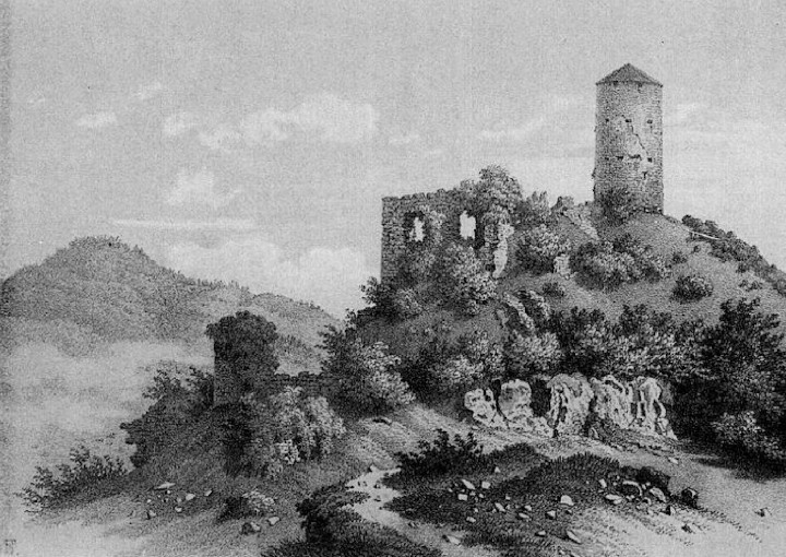 Die Ruine um 1880, Der Bergfried hatte damals das Kegeldach. Steindruk von Fassoli