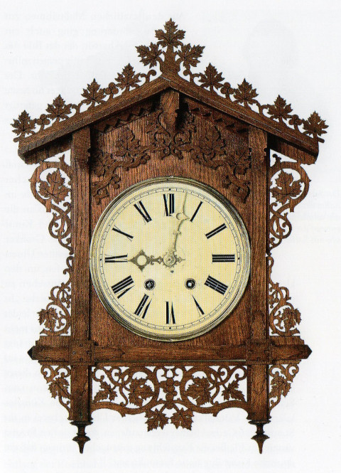 Die erste Bahnhäusle-Uhr. Ausführung (ohne Kuckuck) durch Kreuzer, Glatz & Co., Furtwangen, um 1853 / 54, Höhe: 51 cm (Inv. 2003 - 081)