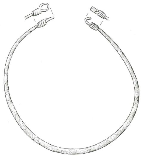 Abb.3: Mahlberg (Ortenaukreis), Frauengrab von 1974 im Gewann "Hinter den Höfen". Silberner Halsring mit Spuren einer spiralförmigen Umwicklung. Durchmesser: 18 cm