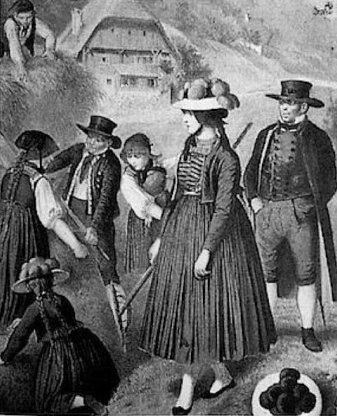 Das Bild von Albert Kretschmer aus der Zeit um 1880 zeigt die Bauern in Festtracht bei der Heuernte. Die dabei tatsächlich getragene Arbeitstracht wäre für den Künstler uninteressant gewesen. - Repro: H. Schmitt